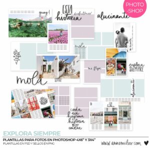 Plantilla de Fotografía en Photoshop para Álbum de Scrapbooking con Sellos Digitales