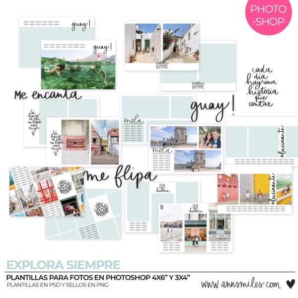 Plantilla de Fotografía en Photoshop para Álbum de Scrapbooking con Sellos Digitales