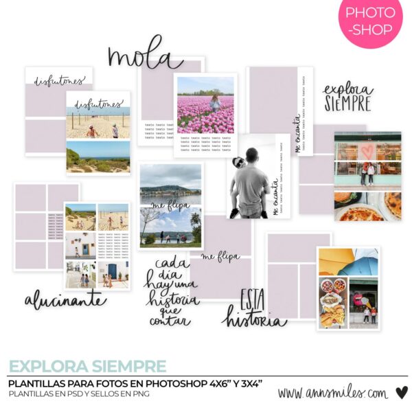 Plantilla de Fotografía en Photoshop para Álbum de Scrapbooking con Sellos Digitales